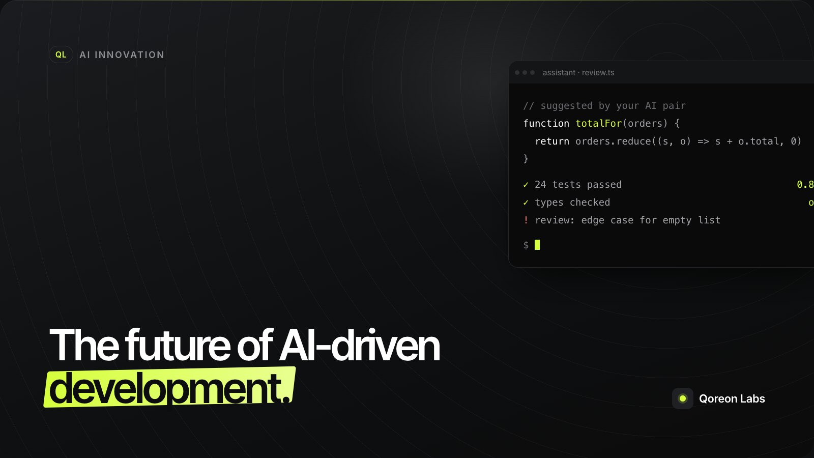 Cover illustration: code suggested by an AI assistant, with passing tests and one review note