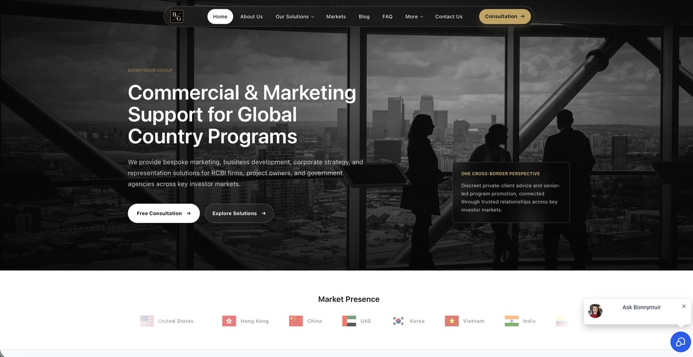 Homepage of the Bonnymuir Group website, built by Qoreon Labs